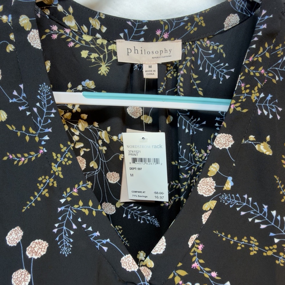 Philosophy Women's Ruffle Cap Sleeve Shirt Size M - Black Floral - Dressy Casual
